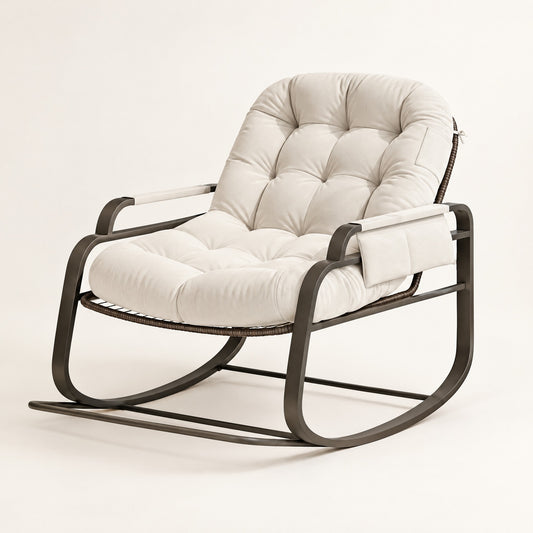 The Veranda outdoor rattan rocker in Cream, studio photo