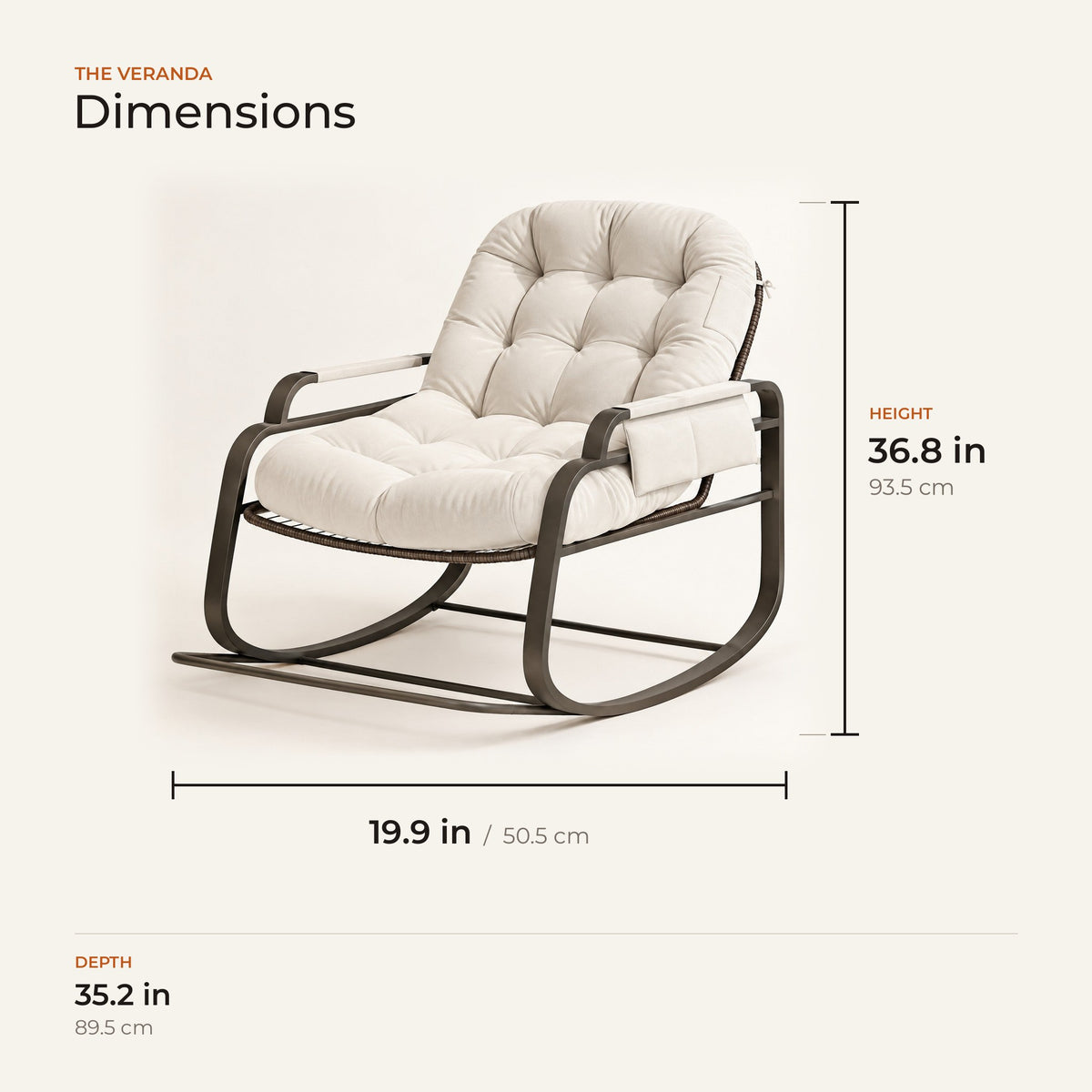 The Veranda dimensions: width, depth and height in inches and centimeters