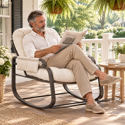 A man with salt-and-pepper hair and a trimmed beard in his mid 50s, reading a newspaper, in The Veranda outdoor rattan rocker in a classic front porch