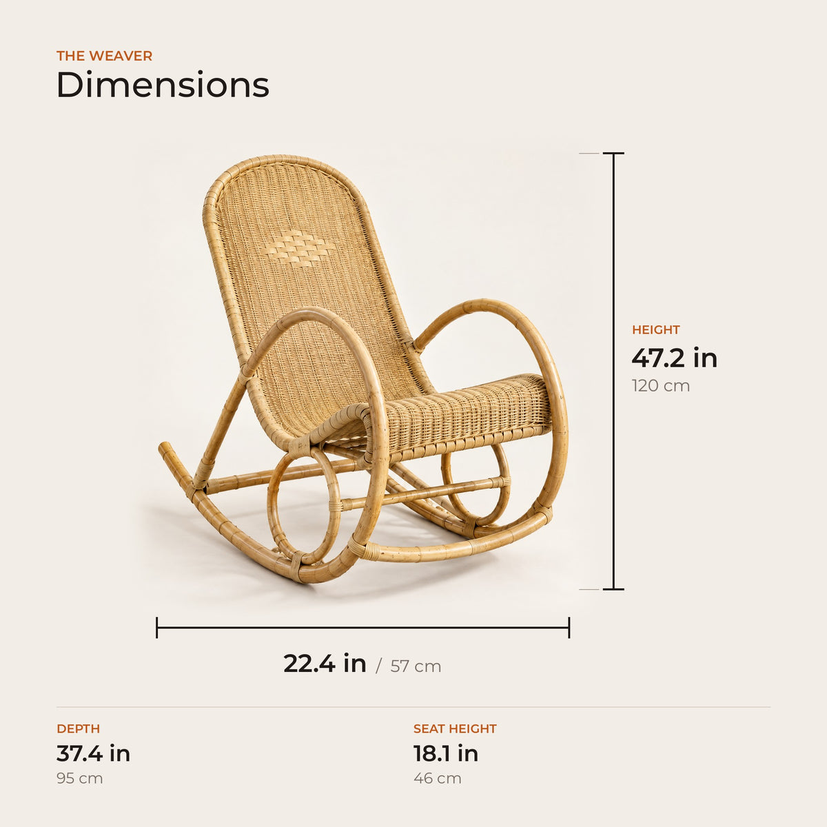 The Weaver dimensions: width, depth and height in inches and centimeters