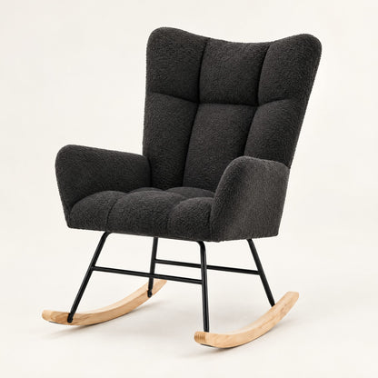 The Winslow boucle wingback rocker in Black, studio photo