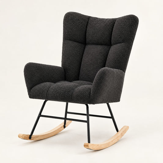 The Winslow boucle wingback rocker in Black, studio photo