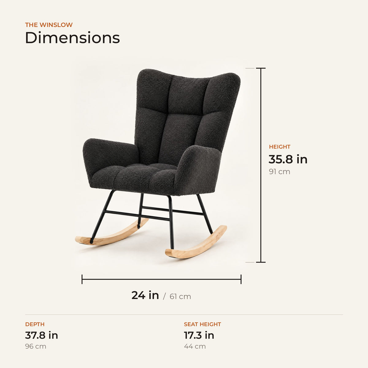The Winslow dimensions: width, depth and height in inches and centimeters