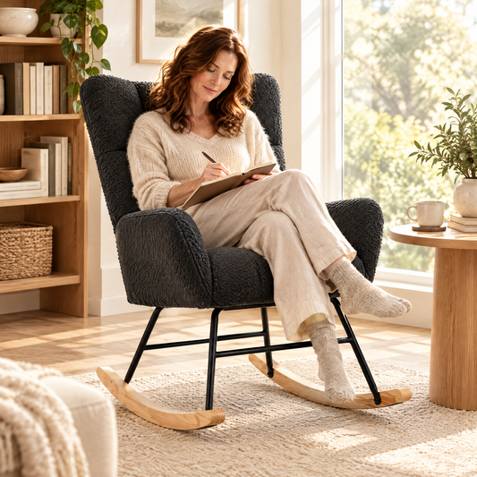A woman with wavy auburn hair in her early 40s, writing in a journal, in The Winslow boucle wingback rocker in a sunlit reading corner