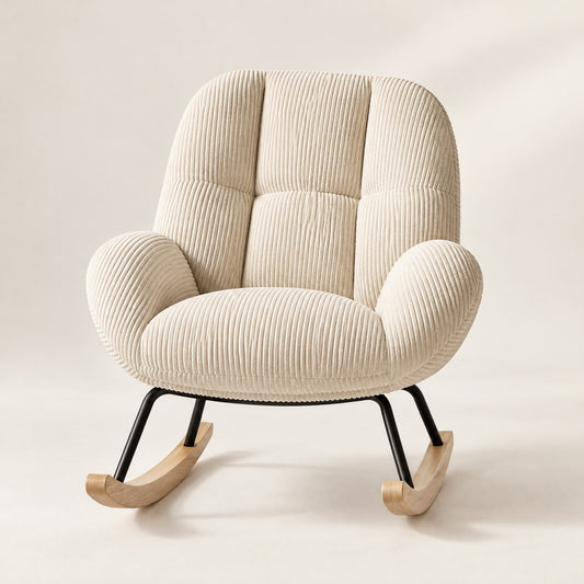 The Wisp corduroy cocoon rocker in Beige, studio photo