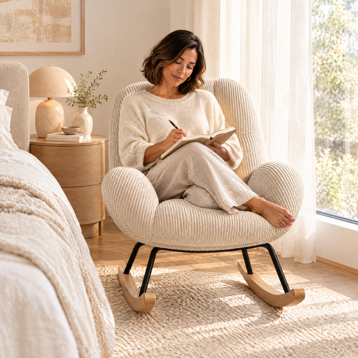 A Latina woman with a soft brown bob in her mid 40s, writing in a journal, in The Wisp corduroy cocoon rocker in a calm bedroom corner